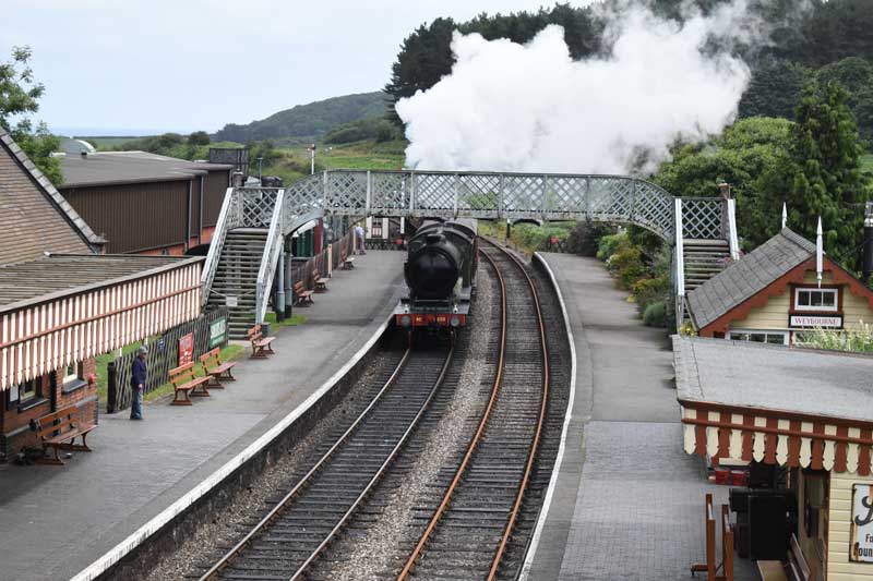 Steam train puffing under the foot bridge at Weybourne station on the poppy line